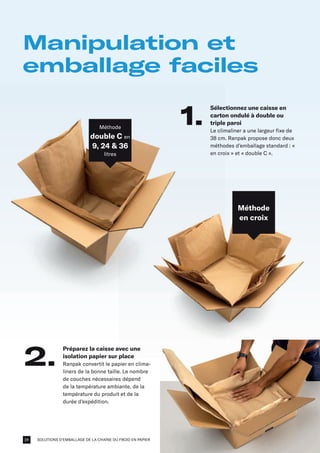 SOLUTIONS D'EMBALLAGE DE LA CHAÎNE DU FROID EN PAPIER
Manipulation et
emballage faciles
Préparez la caisse avec une
isolation papier sur place
Ranpak convertit le papier en clima-
liners de la bonne taille. Le nombre
de couches nécessaires dépend
de la température ambiante, de la
température du produit et de la
durée d'expédition.
2.
Sélectionnez une caisse en
carton ondulé à double ou
triple paroi
Le climaliner a une largeur fixe de
38 cm. Ranpak propose donc deux
méthodes d’emballage standard : «
en croix » et « double C ».
1.
Méthode
double C en
9, 24  36
litres
Méthode
en croix
24
 