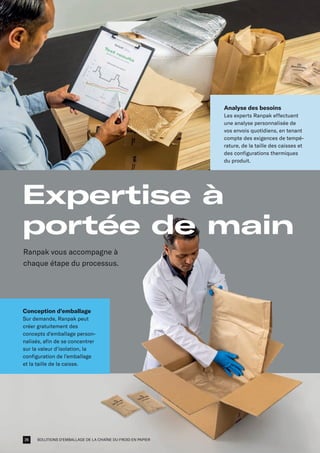 SOLUTIONS D'EMBALLAGE DE LA CHAÎNE DU FROID EN PAPIER
Expertise à
portée de main
Conception d'emballage
Sur demande, Ranpak peut
créer gratuitement des
concepts d’emballage person-
nalisés, afin de se concentrer
sur la valeur d'isolation, la
configuration de l’emballage
et la taille de la caisse.
Analyse des besoins
Les experts Ranpak effectuent
une analyse personnalisée de
vos envois quotidiens, en tenant
compte des exigences de tempé-
rature, de la taille des caisses et
des configurations thermiques
du produit.
Ranpak vous accompagne à
chaque étape du processus.
26
 