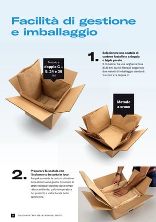 SOLUZIONI IN CARTA PER LA CATENA DEL FREDDO
Facilità di gestione
e imballaggio
Preparare la scatola con
l’isolamento in carta in loco
Ranpak converte la carta in climaliner
della dimensione giusta. Il numero di
strati necessari dipende dalla tempe-
ratura ambiente, dalla temperatura
del prodotto e dalla durata della
spedizione.
2.
Selezionare una scatola di
cartone fustellato a doppia
o tripla parete
Il climaliner ha una larghezza fissa
di 38 cm, quindi Ranpak suggerisce
due metodi di imballaggio standard:
‘a croce’ e ‘a doppia C’.
1.
Metodo a
doppia C in
9, 24 e 36
litri
Metodo
a croce
24
 