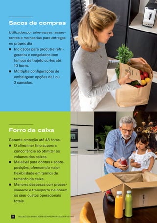 SOLUÇÕES DE EMBALAGEM DE PAPEL PARA A CADEIA DE FRIO
Sacos de compras
Utilizados por take-aways, restau-
rantes e mercearias para entregas
no próprio dia
n	
Indicados para produtos refri-
gerados e congelados com
tempos de trajeto curtos até
10 horas.
n	
Múltiplas configurações de
embalagem: opções de 1 ou
2 camadas.
Forro da caixa
Garante proteção até 48 horas.
n	
O climaliner fino supera a
concorrência ao otimizar os
volumes das caixas.
n	
Maleável para dobras e sobre-
posições, oferecendo maior
flexibilidade em termos de
tamanho da caixa.
n	
Menores despesas com proces-
samento e transporte melhoram
os seus custos operacionais
totais.
14
 