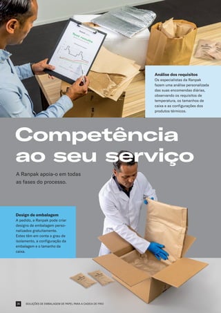 SOLUÇÕES DE EMBALAGEM DE PAPEL PARA A CADEIA DE FRIO
Competência
ao seu serviço
Design de embalagem
A pedido, a Ranpak pode criar
designs de embalagem perso-
nalizados gratuitamente.
Estes têm em conta o grau de
isolamento, a configuração da
embalagem e o tamanho da
caixa.
Análise dos requisitos
Os especialistas da Ranpak
fazem uma análise personalizada
das suas encomendas diárias,
observando os requisitos de
temperatura, os tamanhos de
caixa e as configurações dos
produtos térmicos.
A Ranpak apoia-o em todas
as fases do processo.
26
 