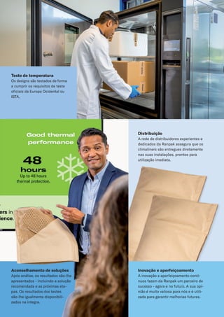 Aconselhamento de soluções
Após análise, os resultados são-lhe
apresentados - incluindo a solução
recomendada e as próximas eta-
pas. Os resultados dos testes
são-lhe igualmente disponibili-
zados na íntegra.
Distribuição
A rede de distribuidores experientes e
dedicados da Ranpak assegura que os
climaliners são entregues diretamente
nas suas instalações, prontos para
utilização imediata.
Teste de temperatura
Os designs são testados de forma
a cumprir os requisitos de teste
oficiais da Europa Ocidental ou
ISTA.
Inovação e aperfeiçoamento
A inovação e aperfeiçoamento contí-
nuos fazem da Ranpak um parceiro de
sucesso - agora e no futuro. A sua opi-
nião é muito valiosa para nós e é utili-
zada para garantir melhorias futuras.
 