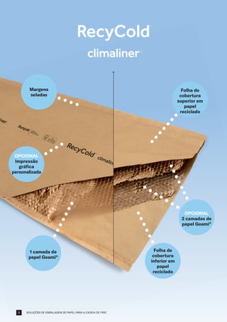 SOLUÇÕES DE EMBALAGEM DE PAPEL PARA A CADEIA DE FRIO
Folha de
cobertura
superior em
papel
reciclado
1 camada de
papel Geami®
Folha de
cobertura
inferior em
papel
reciclado
OPCIONAL
Impressão
gráfica
personalizada
OPCIONAL
2 camadas de
papel Geami®
Margens
seladas
6
 
