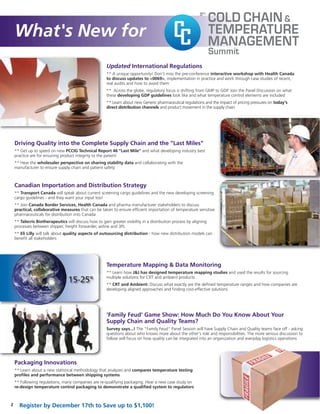 What's New for CC
Updated International Regulations
** A unique opportunity! Don't miss the pre-conference interactive workshop with Health Canada
to discuss updates to <0069>, implementation in practice and work through case studies of recent,
real audits and how to avoid them
** Across the globe, regulatory focus is shifting from GMP to GDP. Join the Panel Discussion on what
these developing GDP guidelines look like and what temperature control elements are included
** Learn about new Generic pharmaceutical regulations and the impact of pricing pressures on today's
direct distribution channels and product movement in the supply chain
Temperature Mapping & Data Monitoring
** Learn how J&J has designed temperature mapping studies and used the results for sourcing
multiple solutions for CRT and ambient products
** CRT and Ambient: Discuss what exactly are the defined temperature ranges and how companies are
developing aligned approaches and finding cost-effective solutions
'Family Feud' Game Show: How Much Do You Know About Your
Supply Chain and Quality Teams?
Survey says...! The "Family Feud" Panel Session will have Supply Chain and Quality teams face off - asking
questions about who knows more about the other's role and responsibilities. The more serious discussion to
follow will focus on how quality can be integrated into an organization and everyday logistics operations
Driving Quality into the Complete Supply Chain and the "Last Miles"
** Get up to speed on new PCCIG Technical Report 46 "Last Mile" and what developing industry best
practice are for ensuring product integrity to the patient
** Hear the wholesaler perspective on sharing stability data and collaborating with the
manufacturer to ensure supply chain and patient safety
Canadian Importation and Distribution Strategy
** Transport Canada will speak about current screening cargo guidelines and the new developing screening
cargo guidelines - and they want your input too!
** Join Canada Border Services, Health Canada and pharma manufacturer stakeholders to discuss
practical, collaborative measures that can be taken to ensure efficient importation of temperature sensitive
pharmaceuticals for distribution into Canada
** Talecris Biotherapeutics will discuss how to gain greater visibility in a distribution process by aligning
processes between shipper, freight forwarder, airline and 3PL
** Eli Lilly will talk about quality aspects of outsourcing distribution - how new distribution models can
benefit all stakeholders
Packaging Innovations
** Learn about a new statistical methodology that analyzes and compares temperature testing
profiles and performance between shipping systems
** Following regulations, many companies are re-qualifying packaging. Hear a new case study on
re-design temperature control packaging to demonstrate a qualified system to regulators
2 Register by December 17th to Save up to $1,100!
15-25°
 