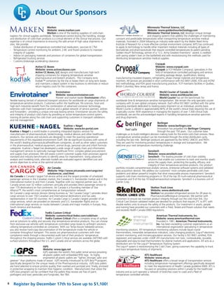 About Our Sponsors
Marken
Website: www.marken.com
Marken is one of the leading suppliers of cold-chain
logistics for clinical supplies worldwide. Temperature-control during the handling, storage
and distribution of cold-chain products is a critical element of the clinical trial process. Our
expertise is of critical importance to ensuring the safe arrival of high value shipments to
sites. We provide:
• Global distribution of temperature controlled trial medication, vaccines & CTM
• Temperature control monitoring for ambient, 2-8C and frozen products to maintain
integrity of supplies
• Advice on packaging materials and provision of containers for global transportation
• Refrigerated trucking services
• Customs brokerage accelerating clearance
Active CC Boxes
Website: www.activeccboxes.com
Active CC Boxes, LLC designs and manufactures high-tech
shipping containers for shipping temperature sensitive
pharmaceutical and biotech products. The Company rents
Kodiak™ containers by the trip or leases them on long term leases
and maintains a depot system in key locations to eliminate or reduce
return logistics costs for the containers.
Envirotainer
Website: www.envirotainer.com
Pioneer and market leader Envirotainer offers
flexible leasing (rental) of advanced transport solutions for worldwide air cargo shipments of
temperature-sensitive products. Customers within the healthcare, life sciences, food and
high-tech industries benefit from the combination of advanced container technology,
extensive cold chain management services and a global network of service partners, airlines
and forwarders - providing a unique one-way leasing service. Envirotainer secures the safety
and integrity of product cold chains by providing an active temperature-control system,
training all parties along the cold chain and supporting customers in transport validations
and risk management.
Kuehne + Nagel
Website: www.kn-portal.com
Kuehne + Nagel is a world leader in providing integrated logistics services for
manufacturers of pharmaceuticals, biotechnology, medical devices and other healthcare
products. Our services and solutions are designed to meet the exacting operational
requirements of this regulated environment (GxP). We do significant business with some of
the world’s leading pharmaceutical/healthcare companies, as well as other select customers
in the pharmaceutical, medical equipment, animal drugs, personal care and infant formula
categories. Kuehne + Nagel has developed a wide range of supply chain and information
management services to optimally manage healthcare firms' complex global procurement
and supply chain processes. We will assess current customer supply chain processes against
standard and industry benchmarks to identify areas for improvement. Using advanced
analysis and modeling tools, alternate models are evaluated against identified cost and
service objectives to arrive at the optimal solution.
Air Canada:
Website: http://www.aircanada.com/cargo/en/
solutions/ac_cool.html
Air Canada is Canada's largest full-service airline and the largest provider of scheduled
passenger services in the Canadian market, the Canada-U.S. transborder market and in the
international market to and from Canada. Together with our regional partner Jazz, Air
Canada serves over 32 million customers annually and provides direct passenger service to
over 170 destinations on five continents. Air Canada is a founding member of Star
Alliance™, the world's most comprehensive air transportation network.
Air Canada's cargo services division (doing business as "Air Canada Cargo") provides direct
cargo services to over 150 Canadian and international destinations and has sales
representation in over 50 countries. Air Canada Cargo is Canada's largest provider of air
cargo services, which are provided on domestic and U.S. transborder flights and on
international cargo services on routes between Canada and major markets in Europe, Asia,
South America and Australia.
FedEx Custom Critical
Website: customcritical.fedex.com/coldchain
FedEx Custom Critical offers a complete array of surface
and air solutions to safely and securely ship temperature-sensitive products. You can choose
from exclusive-use vehicles with temperature controlled cargo boxes to airfreight solutions
utilizing temperature-controlled air containers. With our Temp-Assure Validated services,
you also receive hard-copy documentation of the temperature inside the vehicle or
container throughout transport. This assists our pharmaceutical customers with their
compliance needs through a documented audit trail of their products’ temperature
throughout the shipping process. FedEx Custom Critical services are available 24/7/365 with
surface solutions throughout the U.S. and Canada and air solutions across the globe.
iGPS
Website: www.igps.net
iGPS operates the world’s first pallet rental service providing
all-plastic pallets with embedded RFID tags. Its highly
engineered all-plastic pallets are “lighter, stronger, safer and
greener” than platforms made of wood. iGPS recently introduced its iGPS Bios™ program,
specifically designed for the unique needs of the Pharmaceutical industry. iGPS bios pallets
are hand selected to ensure pristine quality, then washed and sanitized and, finally, enclosed
in protective wrapping to maintain their hygienic condition. Manufacturers that utilize the
iGPS bios program can be confident that the pallets they receive are free of paint,
pathogens and toxic pesticides and fungicides, like TBA.
Minnesota Thermal Science, LLC
Website: www.goldenhourtechnology.com
Minnesota Thermal Science, LLC develops unique storage
and shipping systems that address the challenges of maintaining
constant and predictable temperatures when transporting temperature sensitive medical
materials. Founded in 2004 following an industry wide search by the Walter Reed Army
Institute of Research for a more effective combat environment container, MTS has continued
to apply its technology to handle other important medical materials including all types of
biomaterials and pharmaceuticals that require controlled temperatures Its patent pending
Golden Hour® Technology, winner of a "U.S. Army Greatest Inventions" award, is credited
with saving soldier's lives on the battlefield and with revolutionizing the methods used for
distributing temperature sensitive medical supplies.
Cryopak
Website: www.cryopak.com
Cryopak (a TCP Reliable Company), specializes in the
field of temperature controlled packaging and services
including package design, qualification, testing
manufacturing insulated shippers, refrigerants, phase change materials and temperature
monitors. All services are provided in strict conformance with ISO 9001:2000, ISTA and ASTM
test methodology, and FDA good manufacturing practices. TCP maintains facilities in Quebec,
British Columbia, New Jersey and France.
World Courier of Canada Ltd.
Website: www.worldcourier.com
World Courier has set the benchmark for
worldwide time & temperature sensitive transportation. We remain the only specialist courier
company with its own global company network .Each office ISO 9001 certified with the same
operating standards dedicated to treating every shipment on an individual, priority basis.
World Courier is utilized in approximately 80% of the world’s clinical trials requiring the use of
a specialty courier. With experience in managing the logistics of over 7,500 clinical trials
worldwide, we are the acknowledged experts in handling temperature-sensitive specimen
and drug shipments.
Berlinger
Website: www.berlinger.com
Innovation has propelled the Berlinger Company
through the past 150 years. Our customer base
challenges us to build intelligent decision making tools for the entire cold chain process. Now
a temperature sensitive product can be monitored through the entire distribution cycle,
including the last mile. Berlinger products are approved by the WHO, UNICEF, and PATH.
They are used for monitoring product temperatures in storage and transportation. We
welcome your next temperature monitoring challenge.
Sensitech
Website: www.sensitech.com
Sensitech - The leading provider of cold chain visibility
solutions that enable our customers to track and monitor assets
across the supply chain, protecting the quality, efficacy, and
integrity of their temperature-sensitive products. Our product
portfolio includes comprehensive analytic services, enterprise software systems and validated
data acquisition devices. We address our customers’ most complex perishable cold chain
problems and deliver powerful insights that drive measurable process improvement. Sensitech
supports cold chain monitoring programs in 18 of the top 20 multi-national pharmaceutical
companies and 9 of the top 10 biopharmaceutical companies. Sensitech is a business unit of
Carrier Corp.
Skelton Truck Lines
Website: www.skeltontruck.com
Skelton has provided refrigerated services for 28 years to
Pharmaceutical/Biological companies. We partner with
customers to ensure we maintain product integrity through out the cold chain link. Our
Critical Care Division validated trailers are devoted for products that require 2°C to 8°C with
double reefers units to ensure the safety of the products. Our investment in assets, people
and training have provided our customers with a Tried, Tested and Proven solution that meets
and exceeds Health Canada 0069 regulations.
American Thermal Instruments, Inc.
Website: www.americanthermal.com
Founded in 1981, American Thermal Instruments,
Inc. has been exceeding customer expectations as an
international organization specializing in temperature
monitoring solutions. ATI temperature monitoring solutions include liquid crystal
thermometers, irreversible temperature indicators, color changing products, Log-ic® electronic
content monitoring, and microencapsulation services. Our facility is ISO 9001 certified, FDA
registered, and operates under cGMP. ATI manufactures non toxic, nonbreakable, reusable,
disposable and easy-to-read thermometers for diverse markets and applications. ATI acts as a
distribution arm for the Log-ic® Temperature Tracking System.
The Log-ic® system is revolutionizing the Cold Chain, giving customers the capability to track
and trace temperature history of shipments.
ATS Healthcare
Website: www.ats.ca
ATS Healthcare offers a broad range of transportation services
including temperature management offerings specifically designed
to meet the requirements of Health Canada guideline 0069. ATS is
focused on providing solutions within Canada for the healthcare
industry and as such operates a network of branches coast to coast and a fleet of
temperature controlled vehicles.
6 Register by December 17th to Save up to $1,100!
 