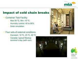 Impact of cold chain breaks
• Container Test Facility:
– Max 50 ºC, Min -10 ºC
– Humidity control: 40 to 90%
– Solar simulation
• Four sets of external conditions
– Constant: 10 ºC, 25 ºC, 40 ºC
– Variable: typical Mackay
summer’s day (with sun)
 