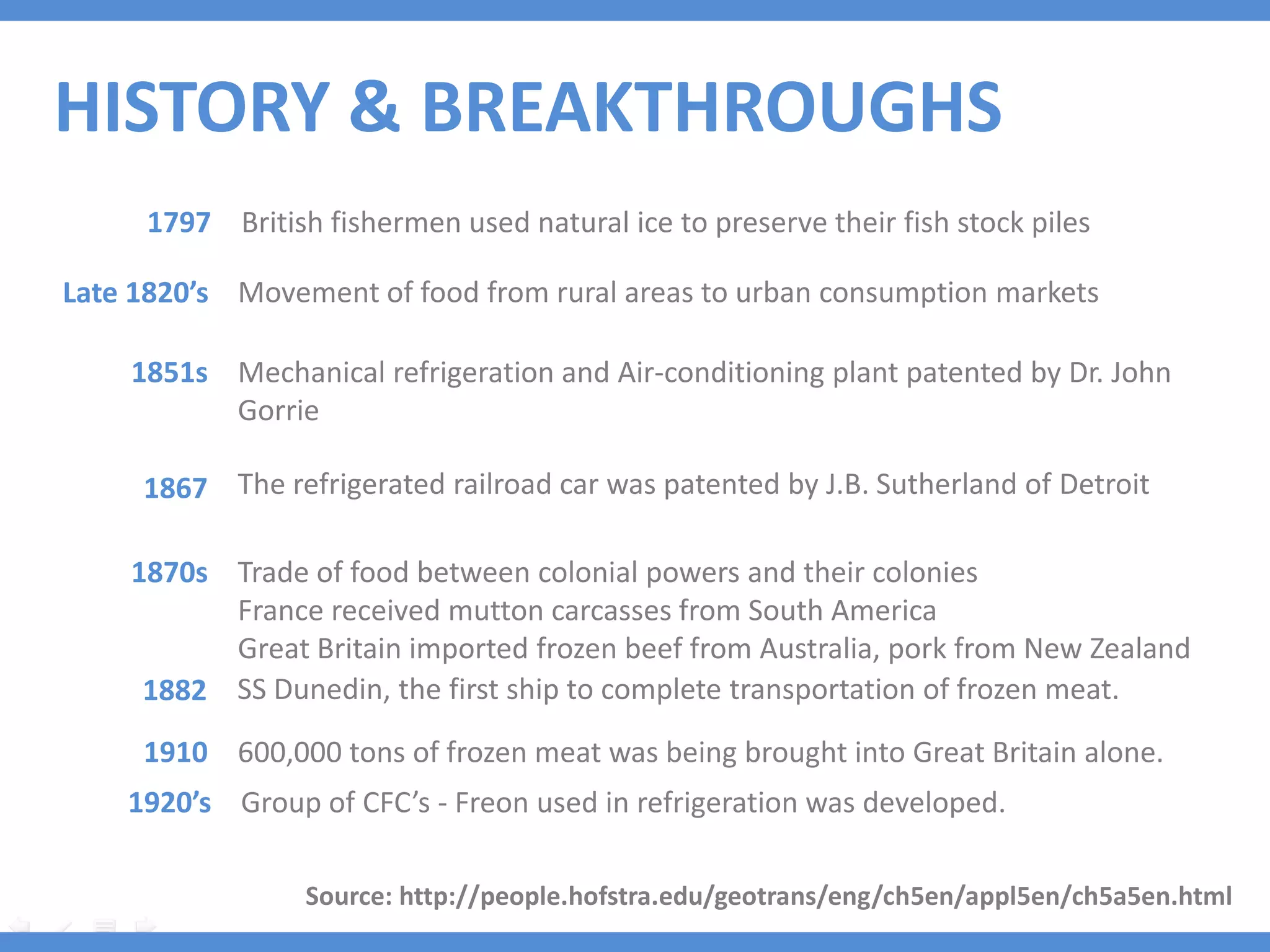HISTORY & BREAKTHROUGHS
      1797 British fishermen used natural ice to preserve their fish stock piles

Late 1820’s Movement of food from rural areas to urban consumption markets

    1851s Mechanical refrigeration and Air-conditioning plant patented by Dr. John
          Gorrie

     1867 The refrigerated railroad car was patented by J.B. Sutherland of Detroit

    1870s Trade of food between colonial powers and their colonies
          France received mutton carcasses from South America
          Great Britain imported frozen beef from Australia, pork from New Zealand
     1882 SS Dunedin, the first ship to complete transportation of frozen meat.
     1910 600,000 tons of frozen meat was being brought into Great Britain alone.
    1920’s Group of CFC’s - Freon used in refrigeration was developed.

                  Source: http://people.hofstra.edu/geotrans/eng/ch5en/appl5en/ch5a5en.html
 