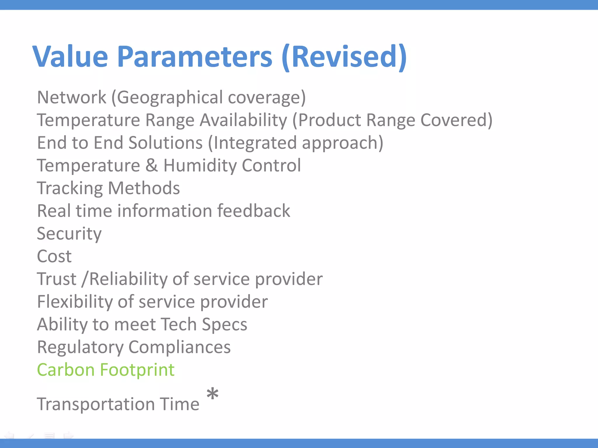 Value Parameters (Revised)
Network (Geographical coverage)
Temperature Range Availability (Product Range Covered)
End to End Solutions (Integrated approach)
Temperature & Humidity Control
Tracking Methods
Real time information feedback
Security
Cost
Trust /Reliability of service provider
Flexibility of service provider
Ability to meet Tech Specs
Regulatory Compliances
Carbon Footprint
Transportation Time   *
 