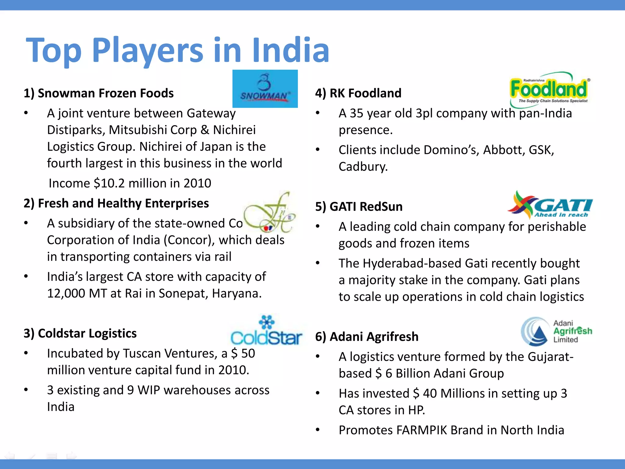 Top Players in India
1) Snowman Frozen Foods                             4) RK Foodland
• A joint venture between Gateway                   • A 35 year old 3pl company with pan-India
     Distiparks, Mitsubishi Corp & Nichirei             presence.
     Logistics Group. Nichirei of Japan is the      • Clients include Domino’s, Abbott, GSK,
     fourth largest in this business in the world       Cadbury.
      Income $10.2 million in 2010
2) Fresh and Healthy Enterprises                    5) GATI RedSun
• A subsidiary of the state-owned Container         • A leading cold chain company for perishable
     Corporation of India (Concor), which deals         goods and frozen items
     in transporting containers via rail            • The Hyderabad-based Gati recently bought
• India’s largest CA store with capacity of             a majority stake in the company. Gati plans
     12,000 MT at Rai in Sonepat, Haryana.              to scale up operations in cold chain logistics

3) Coldstar Logistics                               6) Adani Agrifresh
• Incubated by Tuscan Ventures, a $ 50              • A logistics venture formed by the Gujarat-
    million venture capital fund in 2010.               based $ 6 Billion Adani Group
• 3 existing and 9 WIP warehouses across            • Has invested $ 40 Millions in setting up 3
    India                                               CA stores in HP.
                                                    • Promotes FARMPIK Brand in North India
 