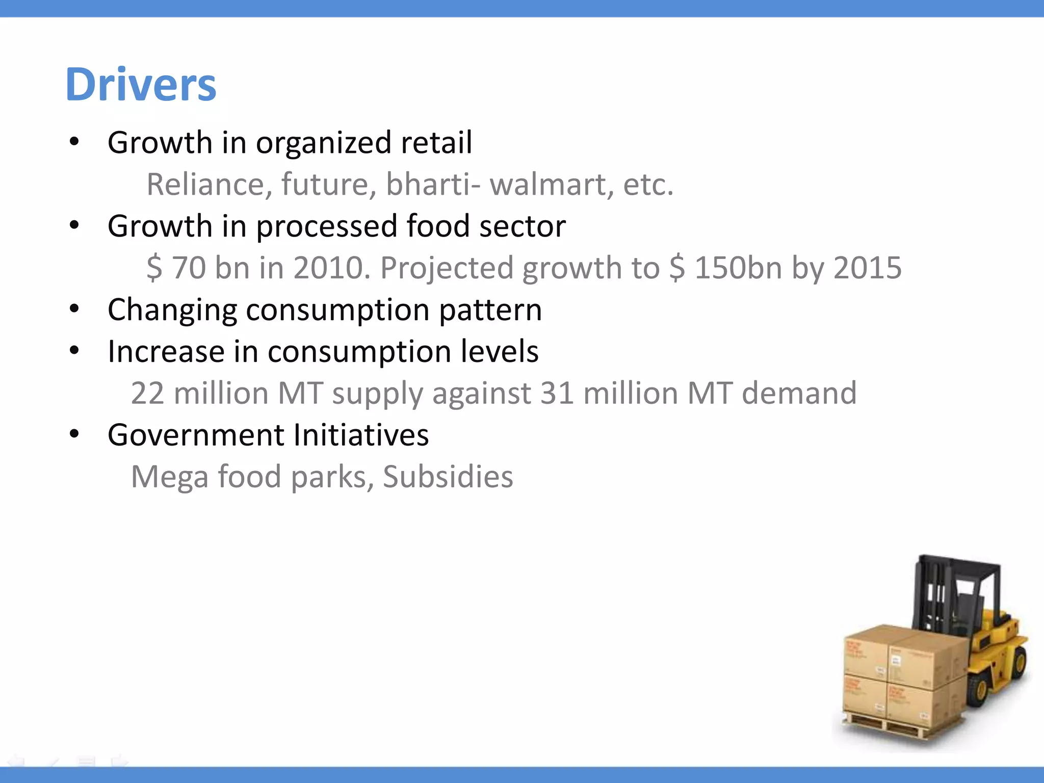 Drivers
• Growth in organized retail
     Reliance, future, bharti- walmart, etc.
• Growth in processed food sector
     $ 70 bn in 2010. Projected growth to $ 150bn by 2015
• Changing consumption pattern
• Increase in consumption levels
    22 million MT supply against 31 million MT demand
• Government Initiatives
    Mega food parks, Subsidies
 