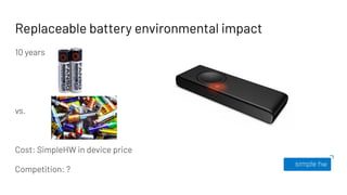 Replaceable battery environmental impact
10 years
vs.
Cost: SimpleHW in device price
Competition: ?
 