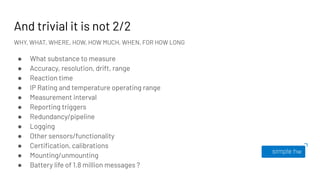 And trivial it is not 2/2
WHY, WHAT, WHERE, HOW, HOW MUCH, WHEN, FOR HOW LONG
● What substance to measure
● Accuracy, resolution, drift, range
● Reaction time
● IP Rating and temperature operating range
● Measurement interval
● Reporting triggers
● Redundancy/pipeline
● Logging
● Other sensors/functionality
● Certiﬁcation, calibrations
● Mounting/unmounting
● Battery life of 1.8 million messages ?
 