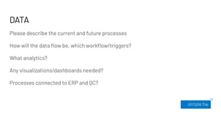 DATA
Please describe the current and future processes
How will the data ﬂow be, which workﬂow/triggers?
What analytics?
Any visualizations/dashboards needed?
Processes connected to ERP and QC?
 