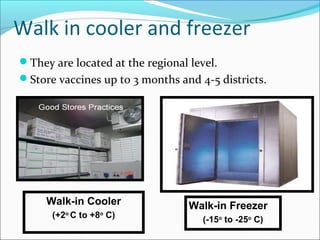Walk in cooler and freezer
They are located at the regional level.
Store vaccines up to 3 months and 4-5 districts.
Walk-in Freezer
(-15o
to -25o
C)
Walk-in Cooler
(+2o
C to +8o
C)
 