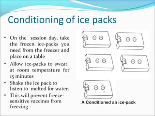 • On the session day, take
the frozen ice-packs you
need from the freezer and
place on a table
• Allow ice-packs to sweat
at room temperature for
15 minutes
• Shake the ice pack to
listen to melted for water.
• This will prevent freeze-
sensitive vaccines from
freezing.
A Conditioned an ice-pack
 