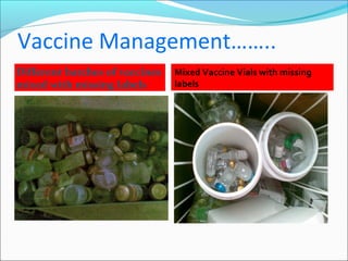Vaccine Management……..
Different batches of vaccines
mixed with missing labels
Mixed Vaccine Vials with missing
labels
 