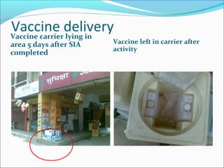 Vaccine deliveryVaccine carrier lying in
area 5 days after SIA
completed
Vaccine left in carrier after
activity
 