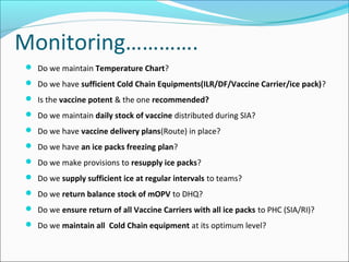Monitoring………….
 Do we maintain Temperature Chart?
 Do we have sufficient Cold Chain Equipments(ILR/DF/Vaccine Carrier/ice pack)?
 Is the vaccine potent & the one recommended?
 Do we maintain daily stock of vaccine distributed during SIA?
 Do we have vaccine delivery plans(Route) in place?
 Do we have an ice packs freezing plan?
 Do we make provisions to resupply ice packs?
 Do we supply sufficient ice at regular intervals to teams?
 Do we return balance stock of mOPV to DHQ?
 Do we ensure return of all Vaccine Carriers with all ice packs to PHC (SIA/RI)?
 Do we maintain all Cold Chain equipment at its optimum level?
 
