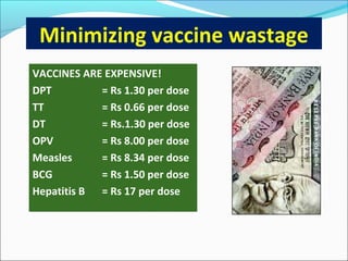 Minimizing vaccine wastage
VACCINES ARE EXPENSIVE!
DPT = Rs 1.30 per dose
TT = Rs 0.66 per dose
DT = Rs.1.30 per dose
OPV = Rs 8.00 per dose
Measles = Rs 8.34 per dose
BCG = Rs 1.50 per dose
Hepatitis B = Rs 17 per dose
 