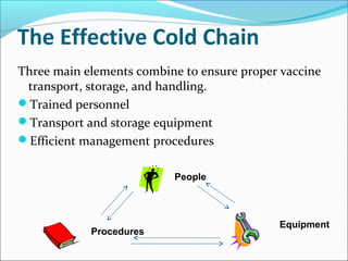 The Effective Cold Chain
Three main elements combine to ensure proper vaccine
transport, storage, and handling.
Trained personnel
Transport and storage equipment
Efficient management procedures
Equipment
People
Procedures
 