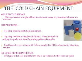 THE COLD CHAIN EQUIPMENT
WALK IN COLD ROOMS:
They are located at regional level vaccines are stored at 3 months and serve 4-5
districts
DEEP FREEZERS :
 It is a top opening cold chain equipment .
 Big deep freezers is supplied all district . They are used for
making ice packs and store for storing polio and measles
 Small deep freezers along with ILR are supplied to PHCs urban family planning,
centers
ICE LINED REFRIGERATOR (ILR) :
Two types of ILR are available first one is ice tubes and other with ice packs
 