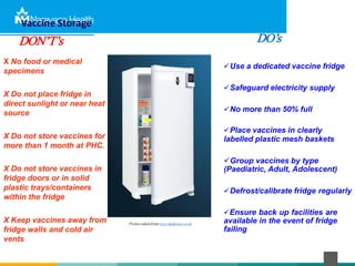 Vaccine Storage
Use a dedicated vaccine fridge
Safeguard electricity supply
No more than 50% full
Place vaccines in clearly
labelled plastic mesh baskets
Group vaccines by type
(Paediatric, Adult, Adolescent)
Defrost/calibrate fridge regularly
Ensure back up facilities are
available in the event of fridge
failing
X Do not place fridge in
direct sunlight or near heat
source
X Do not store vaccines for
more than 1 month at PHC.
X Do not store vaccines in
fridge doors or in solid
plastic trays/containers
within the fridge
X Keep vaccines away from
fridge walls and cold air
vents
Picture taken fromwww.medisave.co.uk
DO’s
DON’T’s
X No food or medical
specimens
 