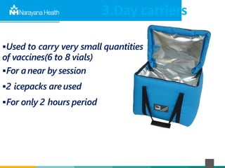 3.Day carriers
Used to carry very small quantities
of vaccines(6 to 8 vials)
For anear by session
2 icepacks areused
For only 2 hours period
 