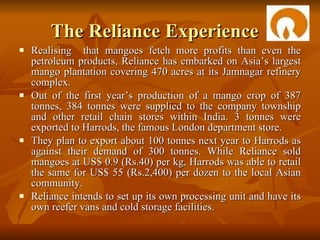 The Reliance Experience Realising  that mangoes fetch more profits than even the petroleum products, Reliance has embarked on Asia’s largest mango plantation covering 470 acres at its Jamnagar refinery complex.  Out of the first year’s production of a mango crop of 387 tonnes, 384 tonnes were supplied to the company township and other retail chain stores within India. 3 tonnes were exported to Harrods, the famous London department store.  They plan to export about 100 tonnes next year to Harrods as against their demand of 300 tonnes. While Reliance sold mangoes at US$ 0.9 (Rs.40) per kg, Harrods was able to retail the same for US$ 55 (Rs.2,400) per dozen to the local Asian community.  Reliance intends to set up its own processing unit and have its own reefer vans and cold storage facilities.  