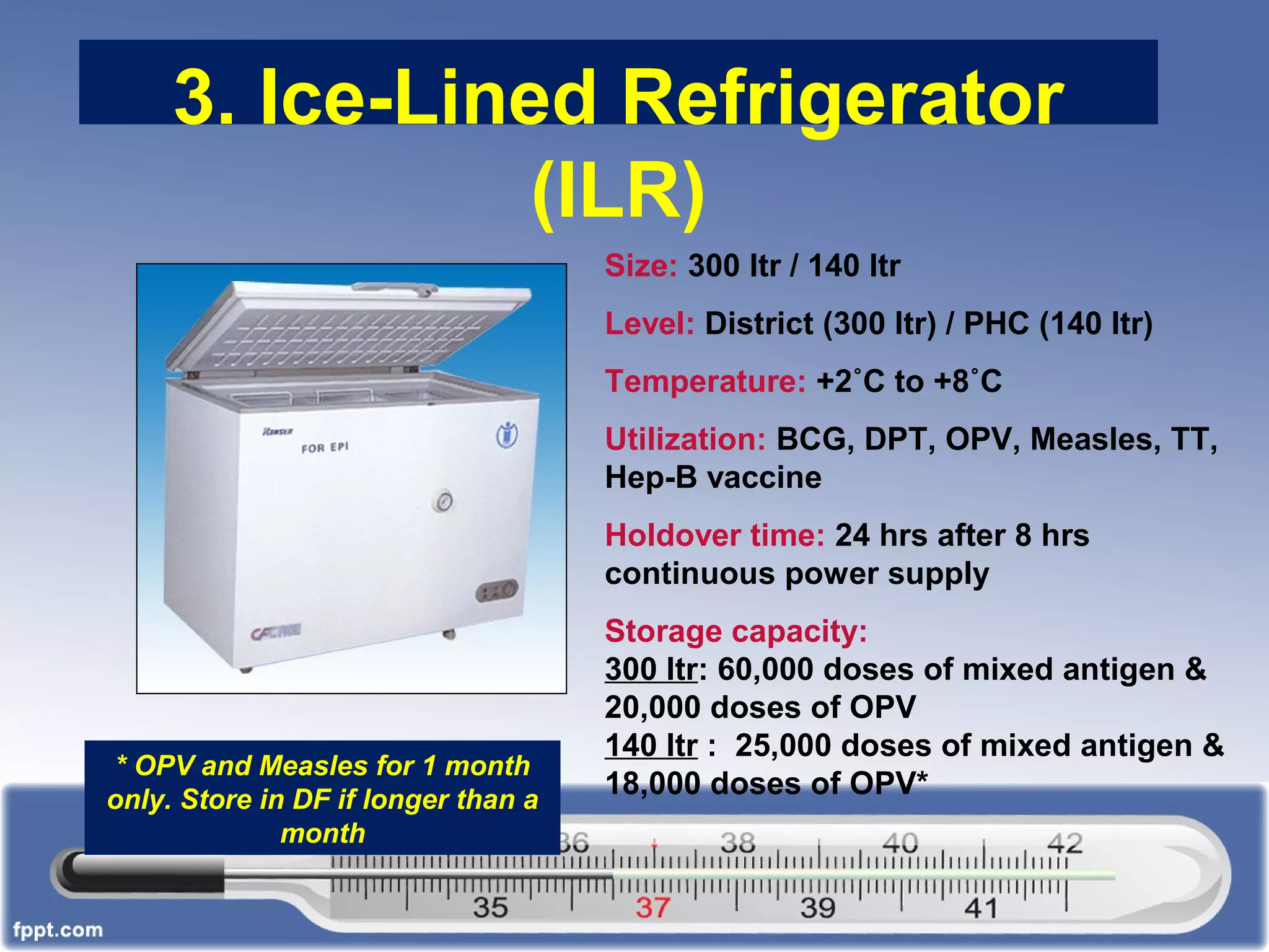 3. Ice-Lined Refrigerator
(ILR)
Size: 300 ltr / 140 ltr
Level: District (300 ltr) / PHC (140 ltr)
Temperature: +2˚C to +8˚C
Utilization: BCG, DPT, OPV, Measles, TT,
Hep-B vaccine
Holdover time: 24 hrs after 8 hrs
continuous power supply
Storage capacity:
300 ltr: 60,000 doses of mixed antigen &
20,000 doses of OPV
140 ltr : 25,000 doses of mixed antigen &
18,000 doses of OPV*
* OPV and Measles for 1 month
only. Store in DF if longer than a
month
 