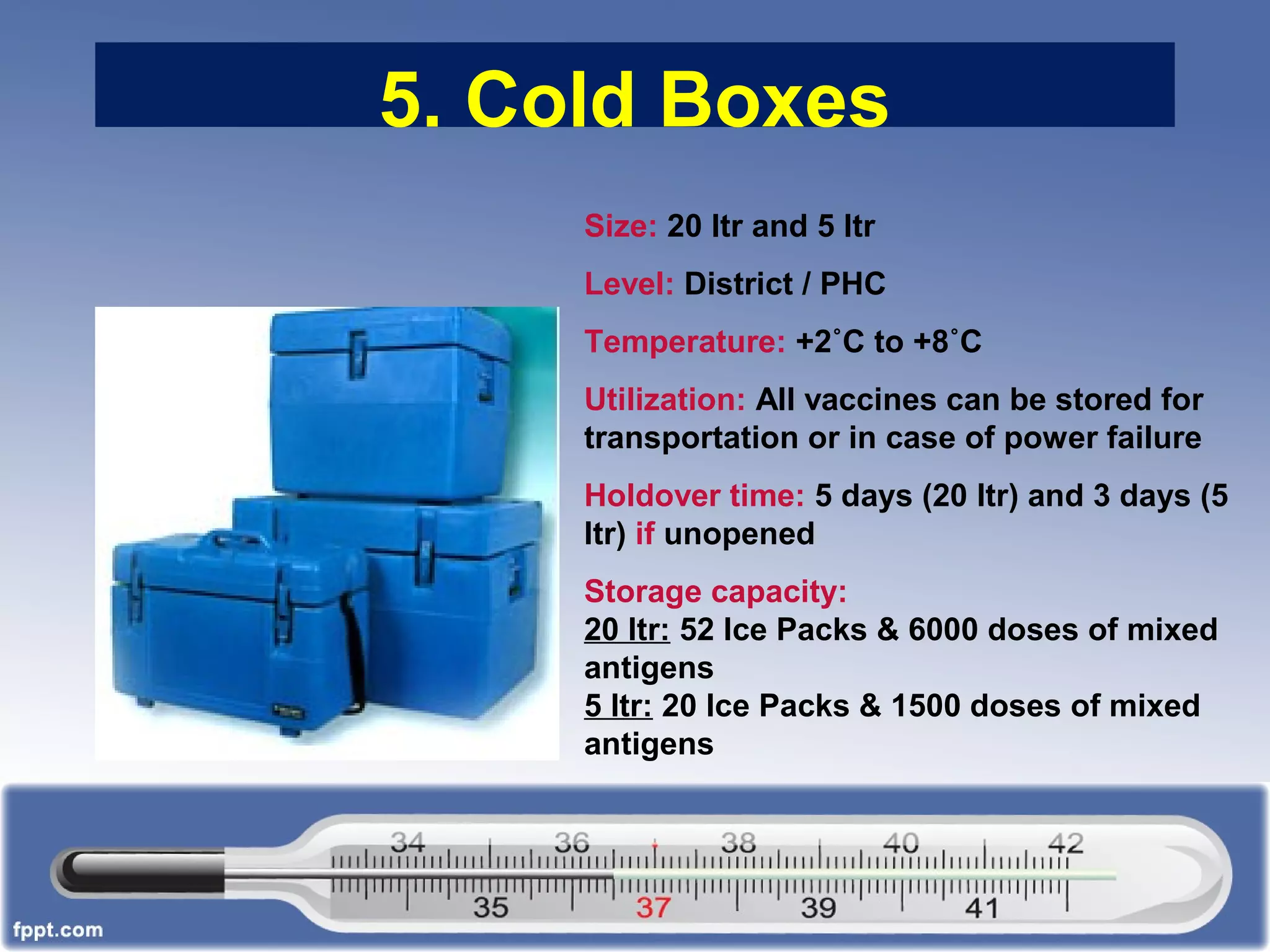 5. Cold Boxes
Size: 20 ltr and 5 ltr
Level: District / PHC
Temperature: +2˚C to +8˚C
Utilization: All vaccines can be stored for
transportation or in case of power failure
Holdover time: 5 days (20 ltr) and 3 days (5
ltr) if unopened
Storage capacity:
20 ltr: 52 Ice Packs & 6000 doses of mixed
antigens
5 ltr: 20 Ice Packs & 1500 doses of mixed
antigens
 
