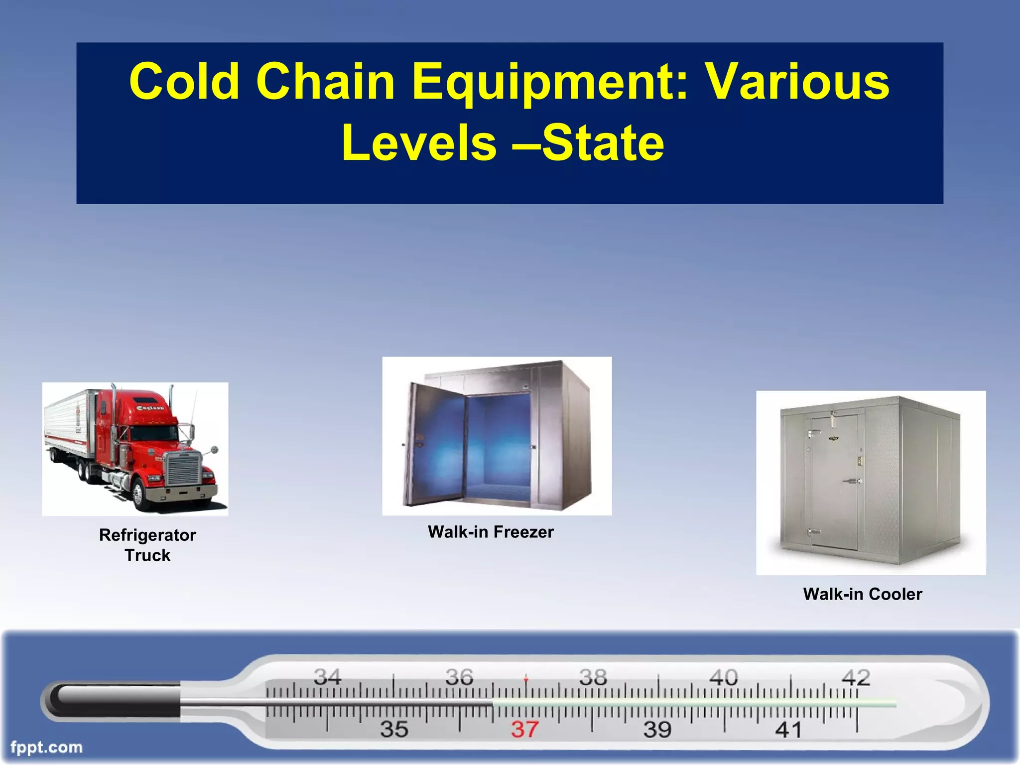 Cold Chain Equipment: Various
Levels –State
Refrigerator
Truck
Walk-in Freezer
Walk-in Cooler
 