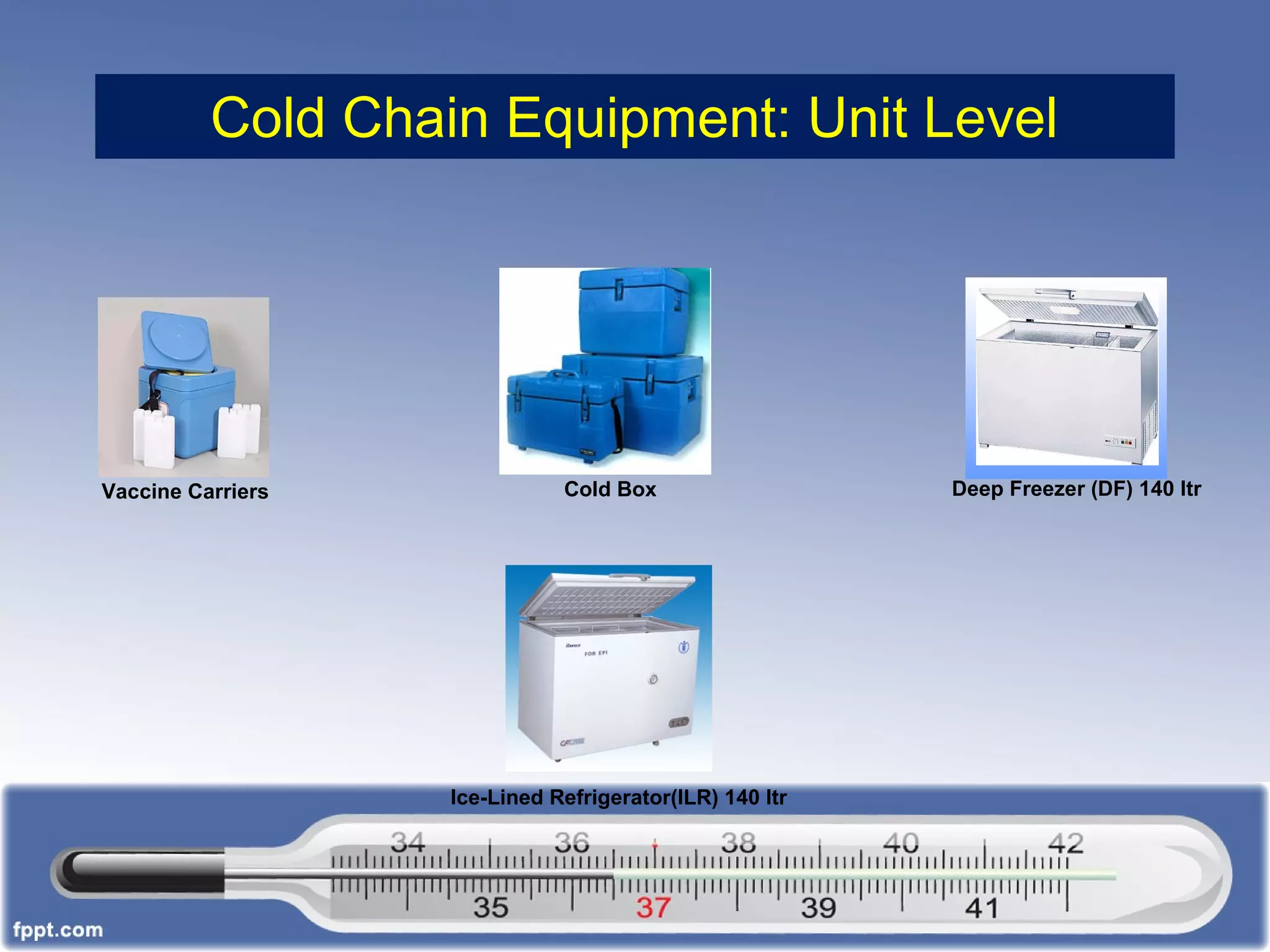 Cold Chain Equipment: Unit Level
Ice-Lined Refrigerator(ILR) 140 ltr
Deep Freezer (DF) 140 ltrCold BoxVaccine Carriers
 