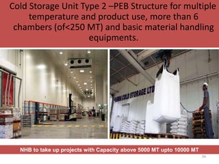 Cold Storage Unit Type 2 –PEB Structure for multiple
temperature and product use, more than 6
chambers (of<250 MT) and basic material handling
equipments.
NHB to take up projects with Capacity above 5000 MT upto 10000 MT
34
 