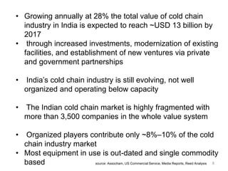 • Growing annually at 28% the total value of cold chain
industry in India is expected to reach ~USD 13 billion by
2017
• through increased investments, modernization of existing
facilities, and establishment of new ventures via private
and government partnerships
• India’s cold chain industry is still evolving, not well
organized and operating below capacity
• The Indian cold chain market is highly fragmented with
more than 3,500 companies in the whole value system
• Organized players contribute only ~8%–10% of the cold
chain industry market
• Most equipment in use is out-dated and single commodity
based source: Assocham, US Commercial Service, Media Reports, Reed Analysis 8
 
