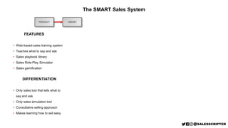 PRODUCT
The SMART Sales System
FEATURES
• Web-based sales training system
• Teaches what to say and ask
• Sales playbook l...