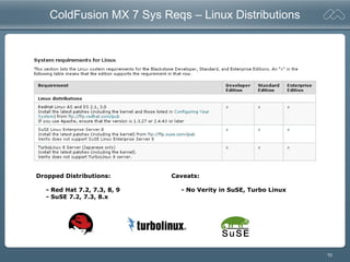 10
ColdFusion MX 7 Sys Reqs – Linux Distributions
Dropped Distributions:
- Red Hat 7.2, 7.3, 8, 9
- SuSE 7.2, 7.3, 8.x
Caveats:
- No Verity in SuSE, Turbo Linux
 