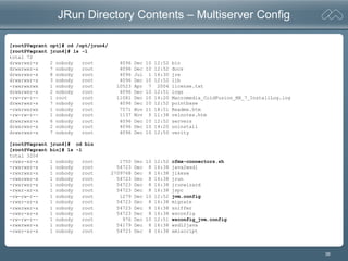 38
JRun Directory Contents – Multiserver Config
[root@Vagrant opt]# cd /opt/jrun4/
[root@Vagrant jrun4]# ls -l
total 72
drwxrwxr-x 2 nobody root 4096 Dec 10 12:52 bin
drwxrwxr-x 7 nobody root 4096 Dec 10 12:52 docs
drwxrwxr-x 8 nobody root 4096 Jul 1 16:30 jre
drwxrwxr-x 3 nobody root 4096 Dec 10 12:52 lib
-rwxrwxrwx 1 nobody root 10523 Apr 7 2004 license.txt
drwxrwxr-x 2 nobody root 4096 Dec 10 12:51 logs
-rw-rw-r-- 1 root root 11081 Dec 10 14:20 Macromedia_ColdFusion_MX_7_InstallLog.log
drwxrwxr-x 7 nobody root 4096 Dec 10 12:52 pointbase
-rwxrwxrwx 1 nobody root 7571 Nov 11 18:51 Readme.htm
-rw-rw-r-- 1 nobody root 1137 Nov 5 11:38 relnotes.htm
drwxrwxr-x 6 nobody root 4096 Dec 10 12:52 servers
drwxrwxr-x 2 nobody root 4096 Dec 10 14:20 uninstall
drwxrwxr-x 7 nobody root 4096 Dec 10 12:50 verity
[root@Vagrant jrun4]# cd bin
[root@Vagrant bin]# ls -l
total 3204
-rwxr-xr-x 1 nobody root 1750 Dec 10 12:52 cfmx-connectors.sh
-rwxrwxr-x 1 nobody root 54723 Dec 8 16:38 java2wsdl
-rwxrwxr-x 1 nobody root 2709768 Dec 8 16:38 jikesw
-rwxrwxr-x 1 nobody root 54723 Dec 8 16:38 jrun
-rwxrwxr-x 1 nobody root 54723 Dec 8 16:38 jrunwizard
-rwxr-xr-x 1 nobody root 54723 Dec 8 16:38 jspc
-rw-rw-r-- 1 nobody root 1279 Dec 10 12:52 jvm.config
-rwxr-xr-x 1 nobody root 54723 Dec 8 16:38 migrate
-rwxrwxr-x 1 nobody root 54723 Dec 8 16:38 sniffer
-rwxr-xr-x 1 nobody root 54723 Dec 8 16:38 wsconfig
-rw-rw-r-- 1 nobody root 976 Dec 10 12:51 wsconfig_jvm.config
-rwxrwxr-x 1 nobody root 54179 Dec 8 16:38 wsdl2java
-rwxr-xr-x 1 nobody root 54723 Dec 8 16:38 xmlscript
 