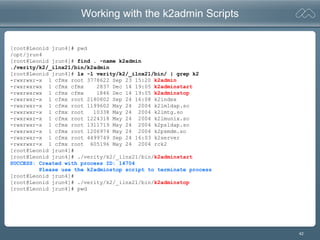 42
Working with the k2admin Scripts
[root@Leonid jrun4]# pwd
/opt/jrun4
[root@Leonid jrun4]# find . -name k2admin
./verity/k2/_ilnx21/bin/k2admin
[root@Leonid jrun4]# ls -l verity/k2/_ilnx21/bin/ | grep k2
-rwxrwxr-x 1 cfmx root 3778622 Sep 23 15:20 k2admin
-rwxrwxrwx 1 cfmx cfmx 2837 Dec 14 19:05 k2adminstart
-rwxrwxrwx 1 cfmx cfmx 1846 Dec 14 19:05 k2adminstop
-rwxrwxr-x 1 cfmx root 2180802 Sep 24 16:08 k2index
-rwxrwxr-x 1 cfmx root 1199602 May 24 2004 k2lmldap.so
-rwxrwxr-x 1 cfmx root 10338 May 24 2004 k2lmtg.so
-rwxrwxr-x 1 cfmx root 1224318 May 24 2004 k2lmunix.so
-rwxrwxr-x 1 cfmx root 1311719 May 24 2004 k2psldap.so
-rwxrwxr-x 1 cfmx root 1206974 May 24 2004 k2psmdm.so
-rwxrwxr-x 1 cfmx root 4499749 Sep 24 16:03 k2server
-rwxrwxr-x 1 cfmx root 605196 May 24 2004 rck2
[root@Leonid jrun4]#
[root@Leonid jrun4]# ./verity/k2/_ilnx21/bin/k2adminstart
SUCCESS: Created with process ID: 14704
Please use the k2adminstop script to terminate process
[root@Leonid jrun4]#
[root@Leonid jrun4]# ./verity/k2/_ilnx21/bin/k2adminstop
[root@Leonid jrun4]# pwd
 