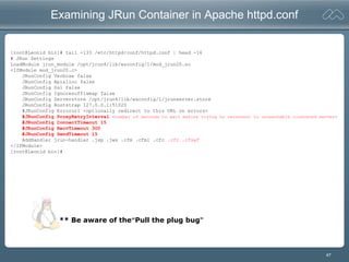 47
Examining JRun Container in Apache httpd.conf
[root@Leonid bin]# tail -133 /etc/httpd/conf/httpd.conf | head -16
# JRun Settings
LoadModule jrun_module /opt/jrun4/lib/wsconfig/1/mod_jrun20.so
<IfModule mod_jrun20.c>
JRunConfig Verbose false
JRunConfig Apialloc false
JRunConfig Ssl false
JRunConfig Ignoresuffixmap false
JRunConfig Serverstore /opt/jrun4/lib/wsconfig/1/jrunserver.store
JRunConfig Bootstrap 127.0.0.1:51020
#JRunConfig Errorurl <optionally redirect to this URL on errors>
#JRunConfig ProxyRetryInterval <number of seconds to wait before trying to reconnect to unreachable clustered server>
#JRunConfig ConnectTimeout 15
#JRunConfig RecvTimeout 300
#JRunConfig SendTimeout 15
AddHandler jrun-handler .jsp .jws .cfm .cfml .cfc .cfr .cfswf
</IfModule>
[root@Leonid bin]#
** Be aware of the“Pull the plug bug”
 