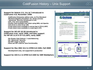 5
ColdFusion History – Unix Support
Support for Solaris 2.5, 2.6, & 7 introduced in
ColdFusion 4.0, November 1998
Support for HP-UX 10.20 introduced in
ColdFusion 4.01, early 1999, and later support
for HP-UX 11.0 in CF 4.5.1SP1, early 2000
Support for AIX 5.1 in CFMX 6.0 J2EE for IBM WebSphere
Support for Mac OSX 10.2 in CFMX 6.0 J2EE, Fall 2000
-ColdFusion Enterprise edition only, no Pro/Standard
-Windows Registry Emulation via .windu process
-“Advanced” Security introduced in 4.01
-CFX_J for Java extensibility
-Cluster Cats available only when using NES, not Apache
-Unix Error 2, Unix Error 146
-Crash stack trace available in server.log in CF4.5.1SP2
-Crash stack trace available in crash.log in CF5
-No Cluster Cats Failover / Load Balancing
-No “Advanced” Security
-No PDF usage in Verity
-Must use HP’s JVM for Java functionality
-Development only, not supported in production
 