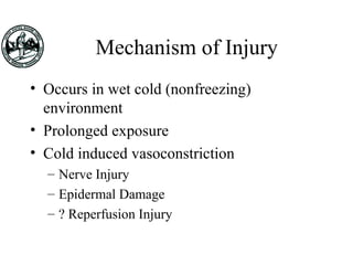 Mechanism of Injury
• Occurs in wet cold (nonfreezing)
environment
• Prolonged exposure
• Cold induced vasoconstriction
– Nerve Injury
– Epidermal Damage
– ? Reperfusion Injury
 
