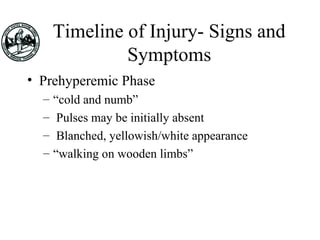 Timeline of Injury- Signs and
Symptoms
• Prehyperemic Phase
– “cold and numb”
– Pulses may be initially absent
– Blanched, yellowish/white appearance
– “walking on wooden limbs”
 