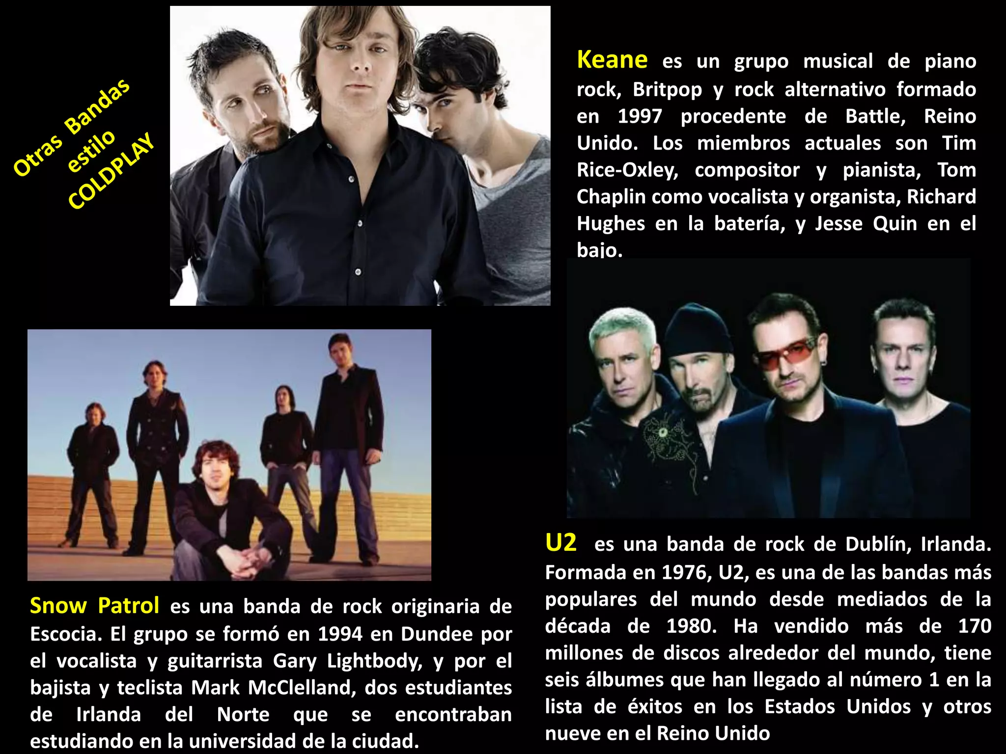 Keane    es un grupo musical de piano
                                                         rock, Britpop y rock alternativo formado
                                                         en 1997 procedente de Battle, Reino
                                                         Unido. Los miembros actuales son Tim
                                                         Rice-Oxley, compositor y pianista, Tom
                                                         Chaplin como vocalista y organista, Richard
                                                         Hughes en la batería, y Jesse Quin en el
                                                         bajo.




                                                      U2    es una banda de rock de Dublín, Irlanda.
                                                      Formada en 1976, U2, es una de las bandas más
Snow Patrol es una banda de rock originaria de        populares del mundo desde mediados de la
Escocia. El grupo se formó en 1994 en Dundee por      década de 1980. Ha vendido más de 170
el vocalista y guitarrista Gary Lightbody, y por el   millones de discos alrededor del mundo, tiene
bajista y teclista Mark McClelland, dos estudiantes   seis álbumes que han llegado al número 1 en la
de Irlanda del Norte que se encontraban               lista de éxitos en los Estados Unidos y otros
estudiando en la universidad de la ciudad.            nueve en el Reino Unido
 