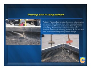 Flashings prior to being replaced
Flashings prior to being replaced


             Perimeter Flashing Deterioration: Expansion and contraction
             movement of the roof causes stress in the perimeter flashing
             causing it to tear. Moisture can then enter the roofing system
             and building. Moisture entry will cause damage to the
             insulation and reduce its insulating properties. It will also allow
             water to enter the building causing internal damage.
 