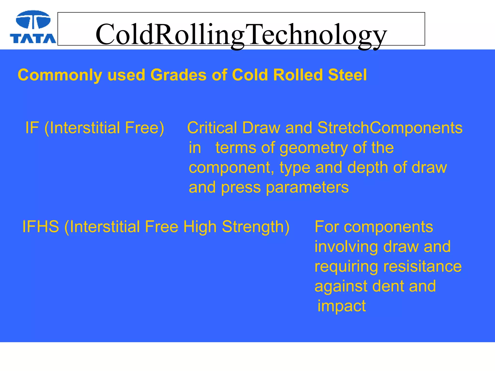 ColdRollingTechnology
Commonly used Grades of Cold Rolled Steel
IF (Interstitial Free) Critical Draw and StretchComponents
in terms of geometry of the
component, type and depth of draw
and press parameters
IFHS (Interstitial Free High Strength) For components
involving draw and
requiring resisitance
against dent and
impact
 