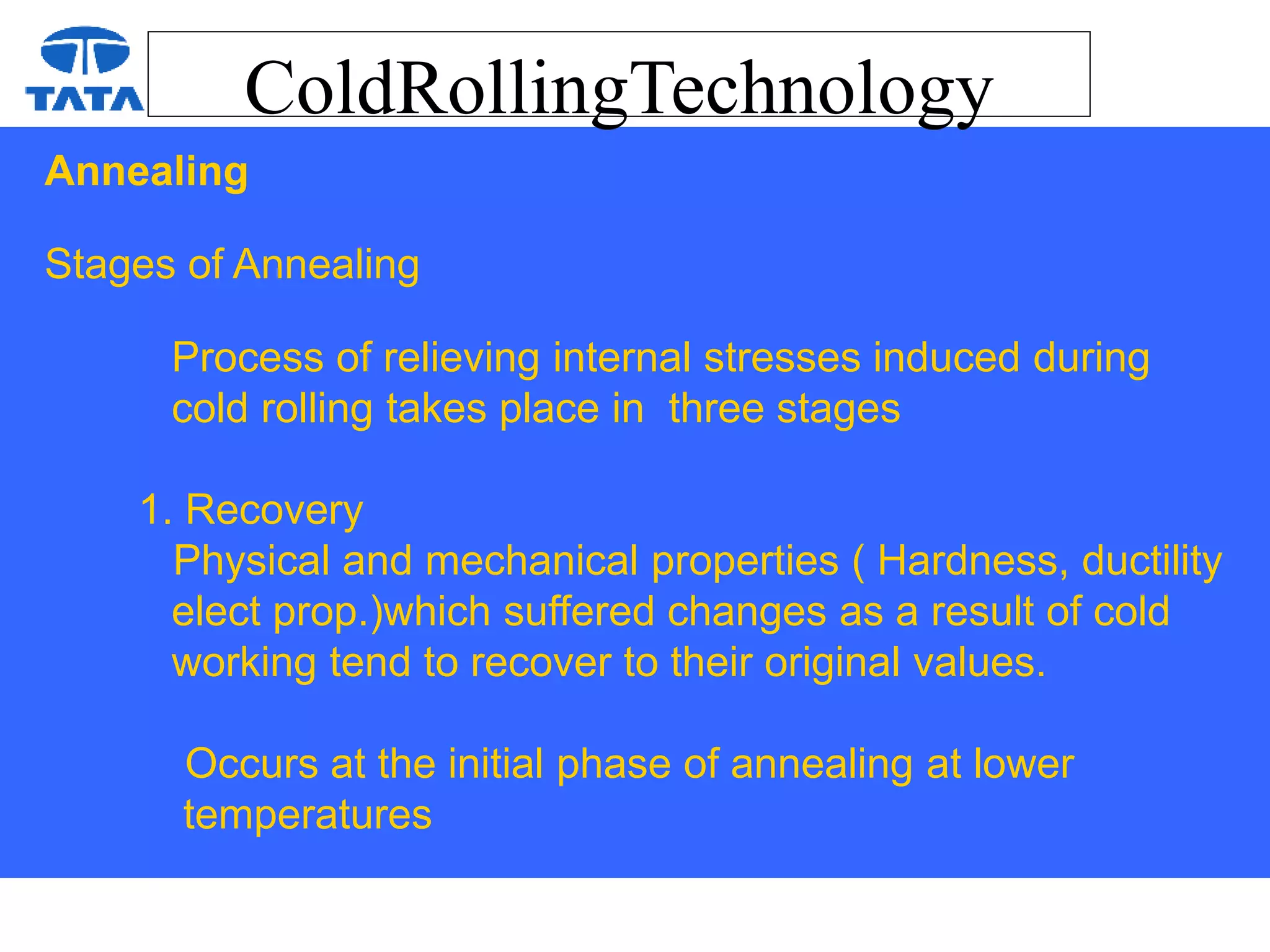 ColdRollingTechnology
Annealing
Stages of Annealing
Process of relieving internal stresses induced during
cold rolling takes place in three stages
1. Recovery
Physical and mechanical properties ( Hardness, ductility
elect prop.)which suffered changes as a result of cold
working tend to recover to their original values.
Occurs at the initial phase of annealing at lower
temperatures
 