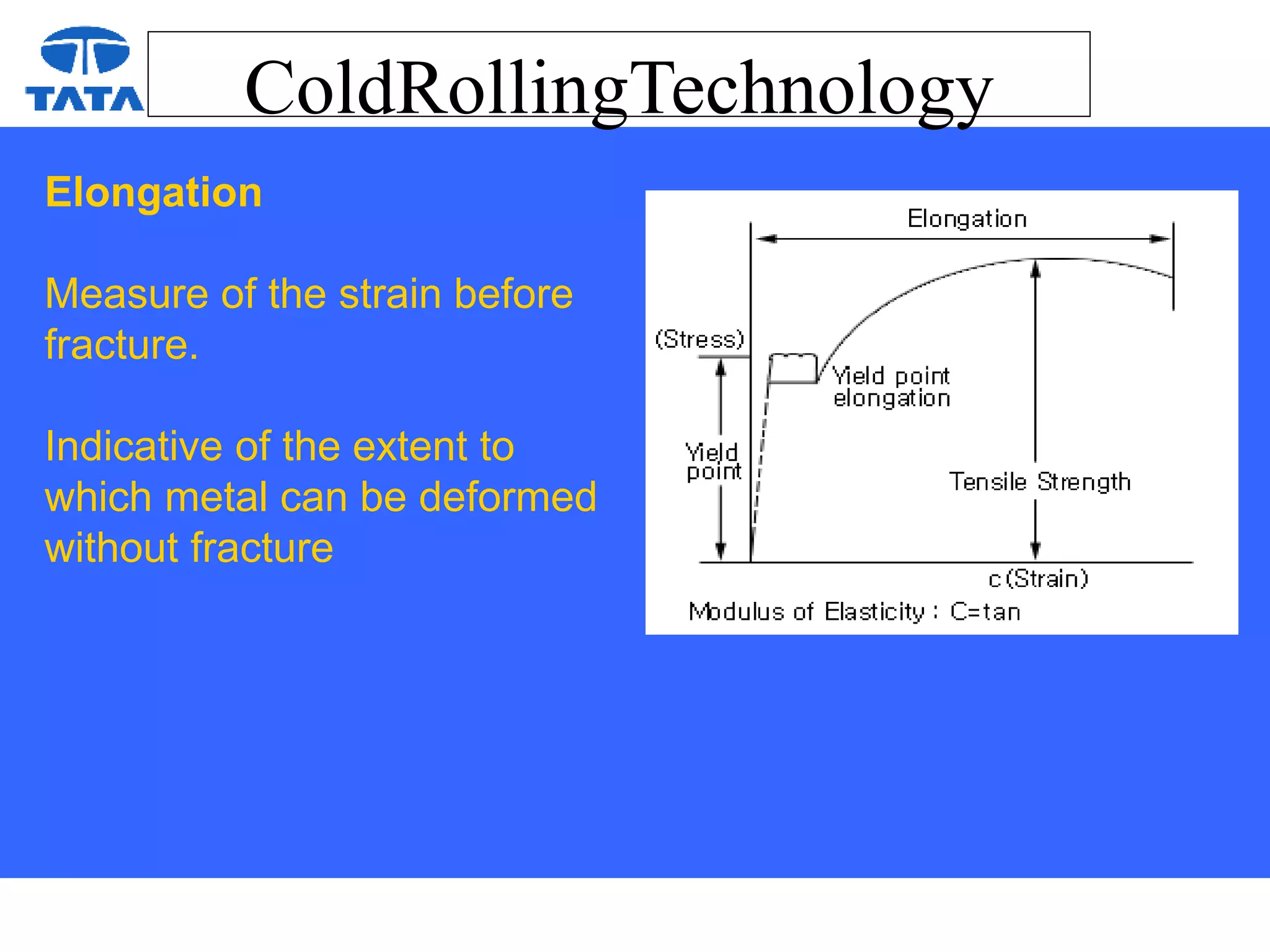 ColdRollingTechnology
Elongation
Measure of the strain before
fracture.
Indicative of the extent to
which metal can be deformed
without fracture
 