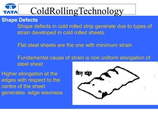 ColdRollingTechnology
Shape Defects
Shape defects in cold rolled strip generate due to types of
strain developed in cold rolled sheets.
Flat steel sheets are the one with minimum strain
Fundamental cause of strain is non uniform elongation of
steel sheet
Higher elongation at the
edges with respect to the
centre of the sheet
generates edge waviness
 
