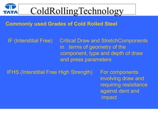 ColdRollingTechnology
Commonly used Grades of Cold Rolled Steel
IF (Interstitial Free) Critical Draw and StretchComponents
in terms of geometry of the
component, type and depth of draw
and press parameters
IFHS (Interstitial Free High Strength) For components
involving draw and
requiring resisitance
against dent and
impact
 