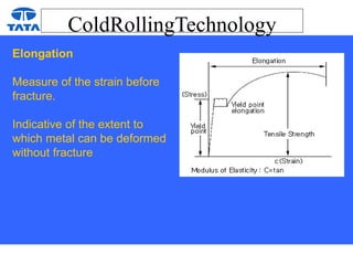 ColdRollingTechnology
Elongation
Measure of the strain before
fracture.
Indicative of the extent to
which metal can be deformed
without fracture
 
